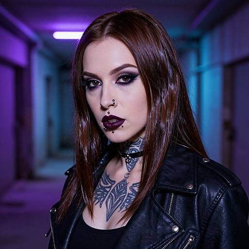 Photograph of a pale-skinned, gothic woman with dark brown hair, heavy black eyeliner, purple lipstick, nose ring, black leather jacket