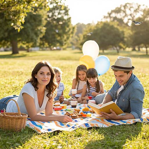 Photograph of a family picnic on a sunny grassy field, with a woman in a white top, man in a blue shirt and straw hat,