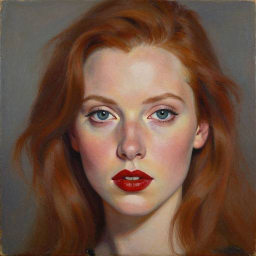 Digital portrait of a fair-skinned, red-haired woman with blue eyes and red lipstick, set against a gray background. Realistic style, detailed textures