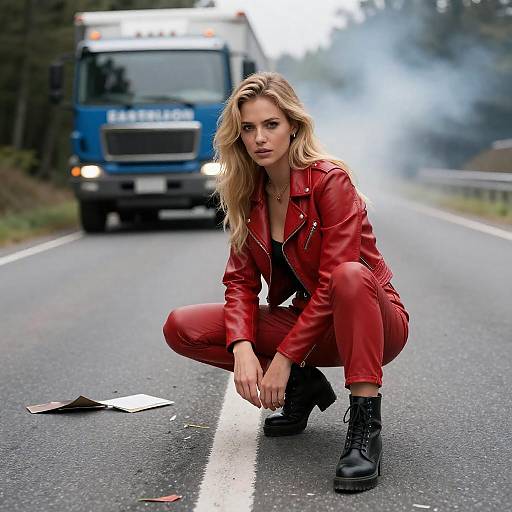 Intense Blonde in Red Leather Jacket