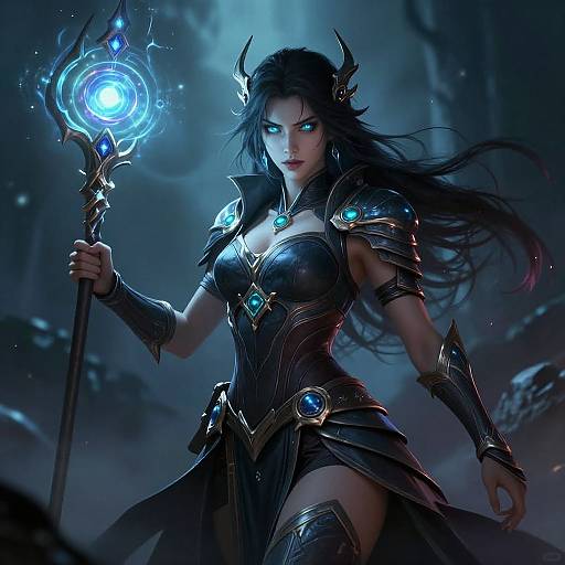 Digital fantasy artwork of a fierce, blue-eyed, dark-haired sorceress with glowing blue magic staff, black armor, and glowing gem accents, in