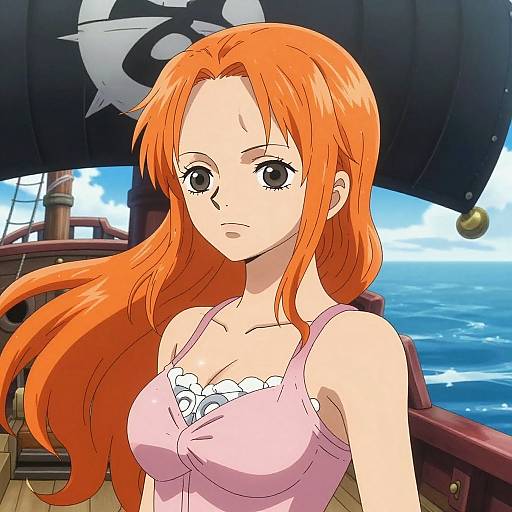 Digital anime-style drawing of a red-haired woman with large eyes, wearing a pink tank top and white lace bra, standing on a ship with an ocean