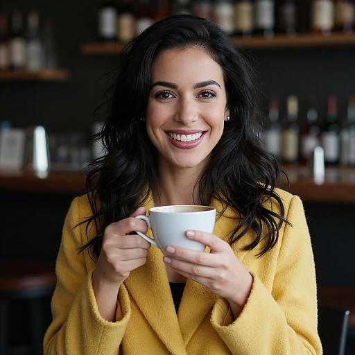Photograph of a smiling woman with long, wavy black hair, wearing a yellow bathrobe, holding a white cup, in a dimly lit