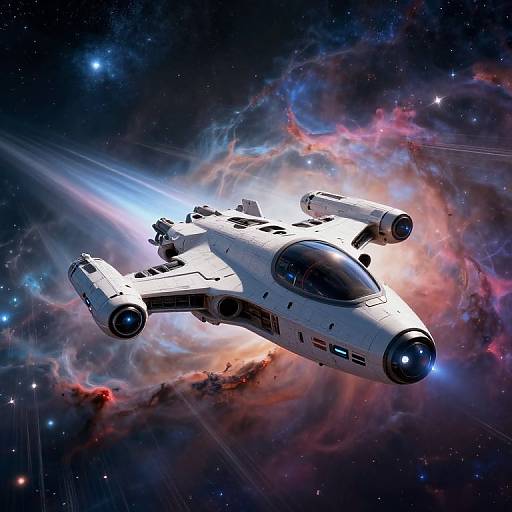 Photorealistic digital art of a white, twin-engine, starfighter spacecraft soaring through a vibrant, colorful nebula in space.