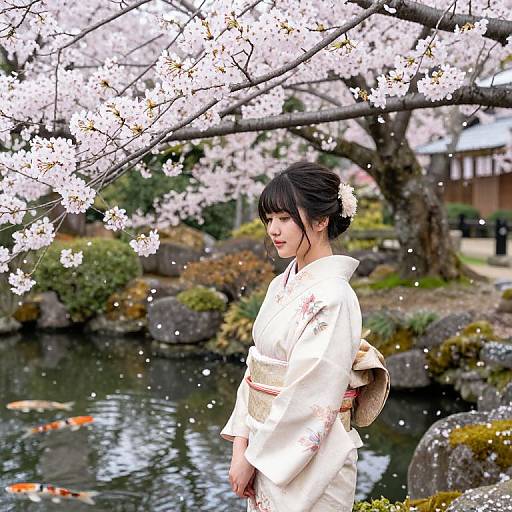 Photograph of a Japanese woman in a white kimono, standing by a cherry blossom tree beside a koi pond, surrounded by rocks and traditional Japanese