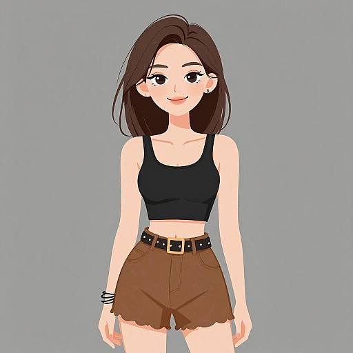 Digital anime-style drawing of a smiling young woman with long dark brown hair, wearing a black tank top and brown shorts with a black belt, against a