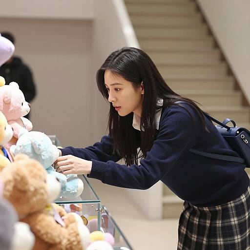 Asian Woman Reaching for Stuffed Toys in Display Case