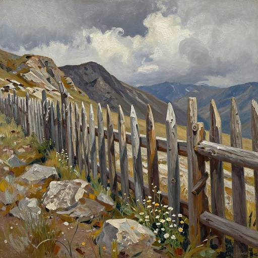 Painting of a rustic wooden fence along a rocky mountain path, with wildflowers, cloudy sky, and distant mountain range in the background.