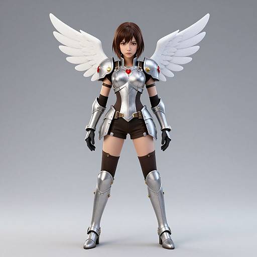Digital art of a young woman with short brown hair, silver armor, black shorts, thigh-high stockings, and white angel wings, standing confidently against a