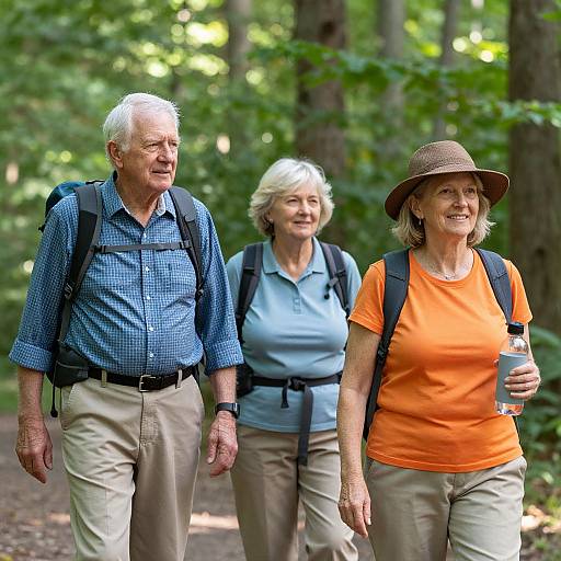 Photograph of three older adults, two women and one man, hiking in a forest; wearing casual outdoor clothes, backpacks, and smiling.