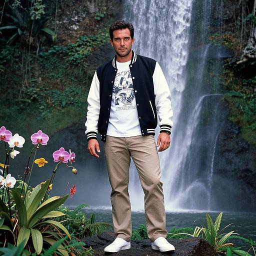 Photograph of a man with short brown hair, wearing a white graphic tee, black and white varsity jacket, beige pants, and white sneakers,