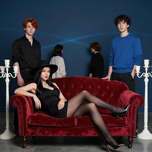 Elegant Woman on Velvet Couch with Men