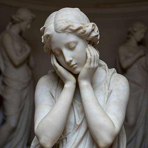 Photograph of a white marble statue depicting a serene, sorrowful young woman with closed eyes, hands gently touching her face, surrounded by blurred, ind