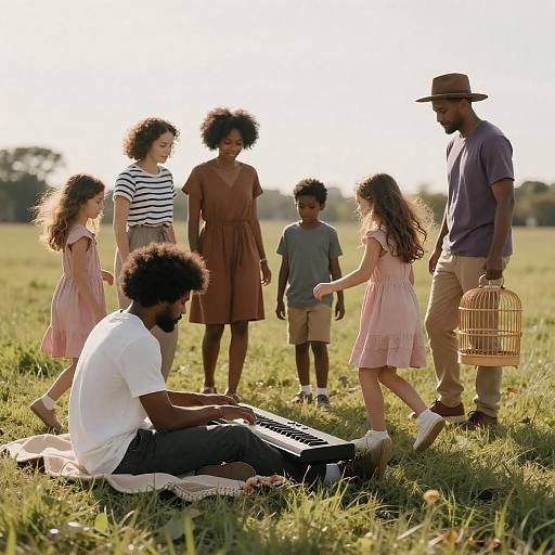 People enjoying music outdoors in grassy field