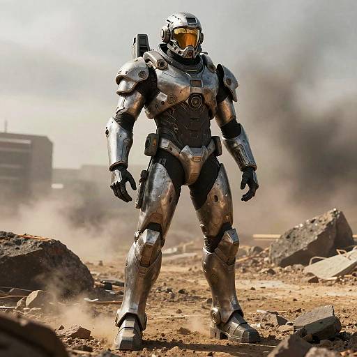 Photorealistic CGI of a silver, futuristic, armored soldier with yellow-tinted helmet, standing in a dusty, rubble-filled battlefield. Background shows