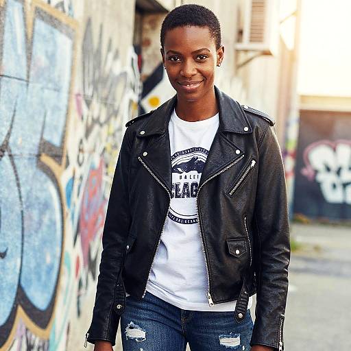 Photograph of a young Black man with short hair, wearing a black leather jacket, white T-shirt, and ripped jeans, standing in a graffiti-covered