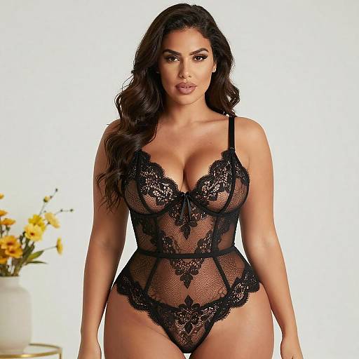 Confident Woman in Black Lace Lingerie