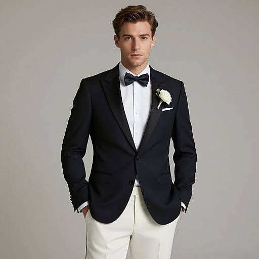Photograph of a handsome, young white man with short brown hair, wearing a black tuxedo with white shirt, black bow tie, white pants