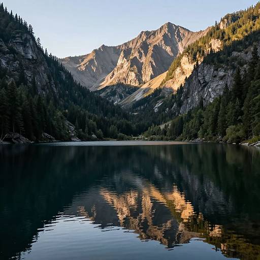 Photograph of a serene mountain lake reflecting sunlit peaks and dense forest, with clear blue sky and calm water.
