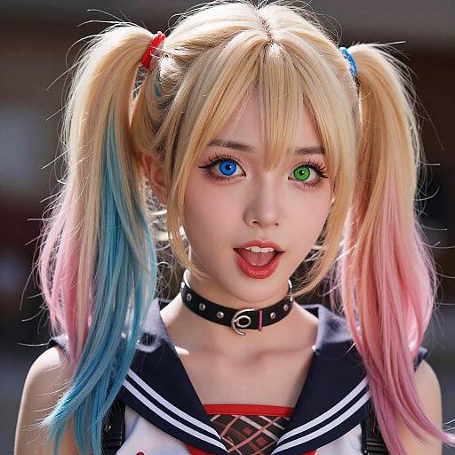 Photograph of a young woman with blonde pigtails dyed blue and pink, heterochromia (blue and green eyes), black choker