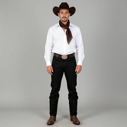 Photograph of a bearded man in a white shirt, black pants, brown belt, brown boots, dark brown cowboy hat, and scarf, standing