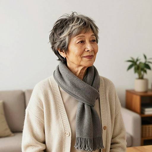 Photograph of an elderly woman with short gray hair, wearing a beige cardigan and gray scarf, smiling in a brightly lit living room.