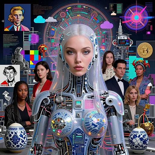Digital art: Cybernetic woman with glowing blue eyes, futuristic chest display, surrounded by diverse humans, neon elements, and various objects.