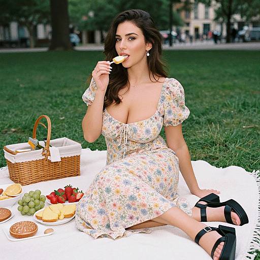 Photograph of a brunette woman with large breasts, wearing a floral dress, black heels, and earrings, eating a cookie on a picnic blanket in a