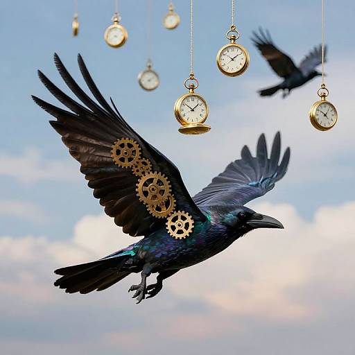 Photograph of a black crow with gold gear tattoos mid-flight, against a blue sky with hanging vintage clocks, and another crow in the background.