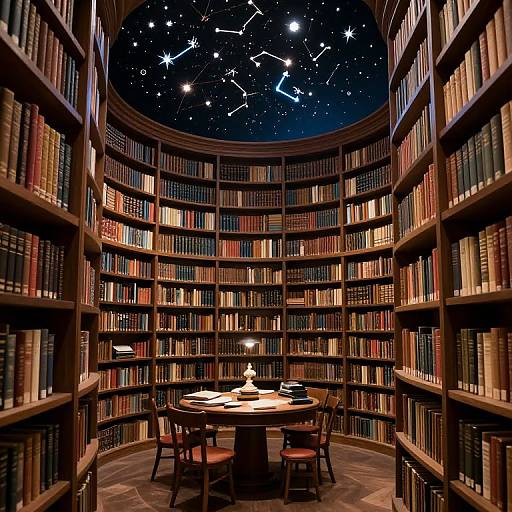 Photograph of a cozy library room with wooden shelves filled with colorful books, a round table, chairs, and a starry night sky ceiling map above