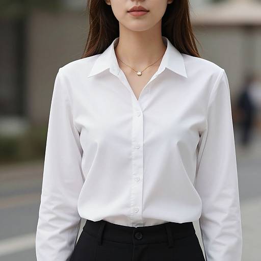 Photograph of an Asian woman with long dark hair, wearing a crisp white button-up shirt, black pants, and a delicate gold necklace, standing outdoors