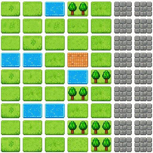 Grid of colorful, pixelated squares featuring green grass, blue water, orange brick, and grey stone, with small green trees. Digital art, game