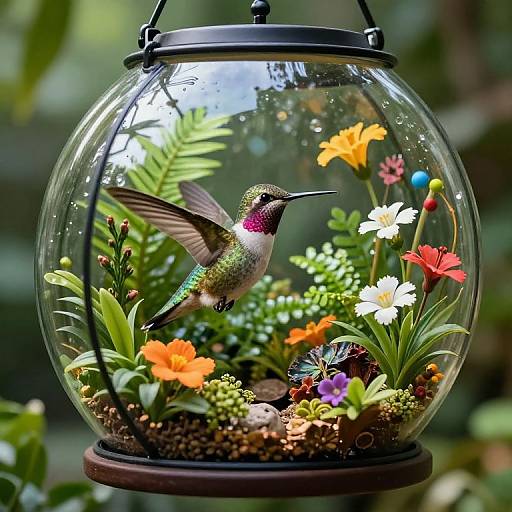 Vibrant Hummingbird in Glass Terrarium
