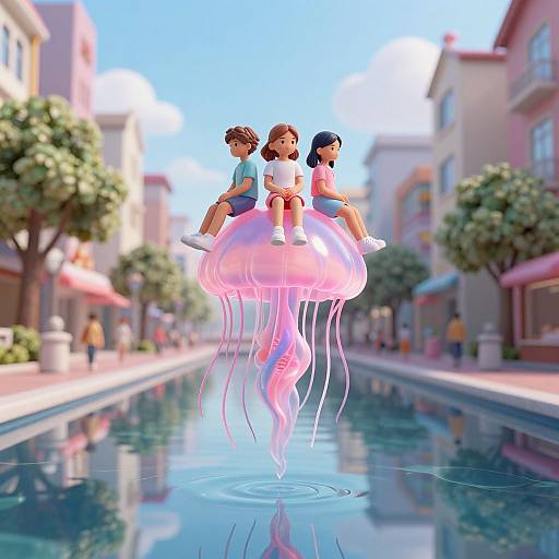 Digital art of three children sitting on a pink jellyfish-shaped float in a serene, sunlit urban canal, surrounded by buildings and trees.