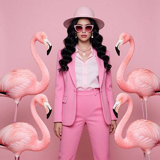 Photograph of a woman in pink suit, white shirt, and pink hat, flanked by two pink flamingos, wearing pink sunglasses.