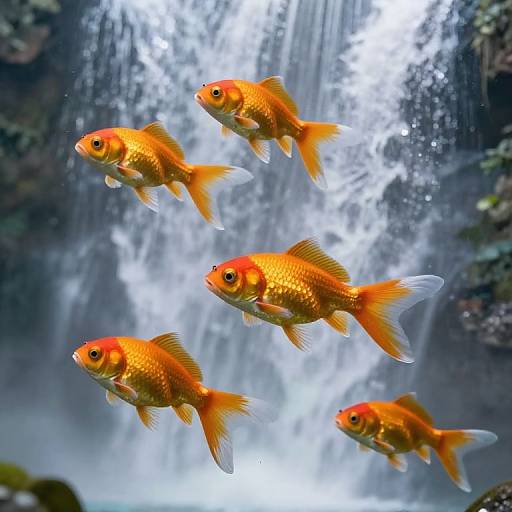 Golden Fish Leaping Through Misty Waterfalls