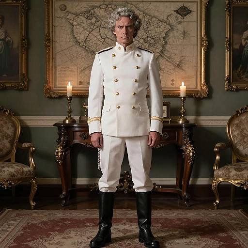 Photograph of an older white man in a white military uniform with gold buttons, black boots, standing in a richly decorated room with a map,