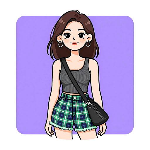 Cartoon-style drawing of a smiling young woman with brown hair, wearing a black tank top, green plaid shorts, hoop earrings, and a black