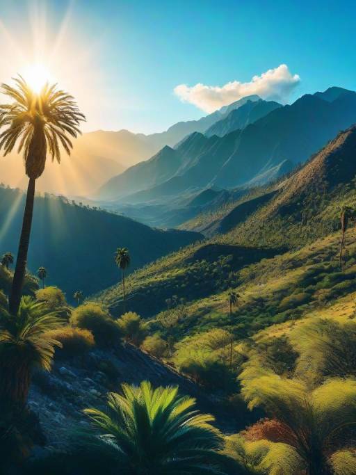 Sunrise Over Mountainous Valley with Palm Trees