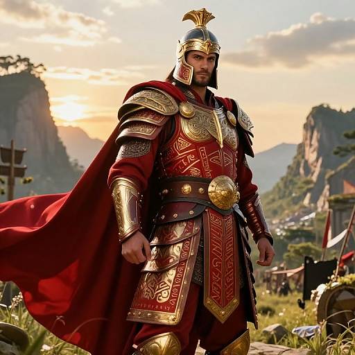 Epic Male Warrior in Red and Gold Armor