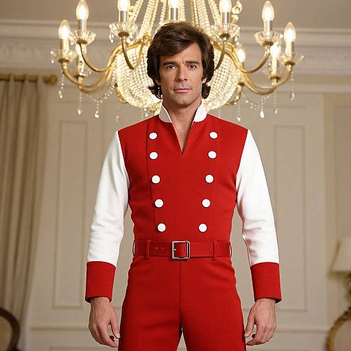Photograph of a man with dark hair, wearing a red and white double-breasted suit with white buttons, standing in an elegant room with a ch