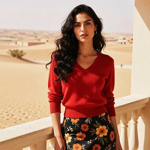 Photograph of a woman with long, wavy black hair, wearing a red V-neck sweater and floral skirt, standing on a balcony overlooking a sandy