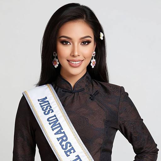 Photograph of a smiling Asian woman with long black hair, wearing a black lace blouse, white sash reading 