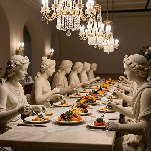 Suspended Statues Dining in Timeless Glow