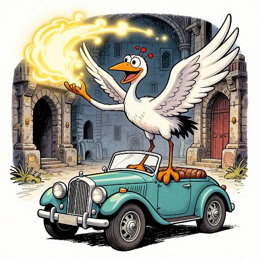 Cartoon white duck with wings spread, standing on vintage turquoise convertible, conjuring fire with orange beak, in medieval stone archway.