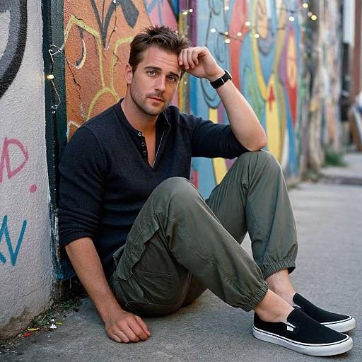 Photograph of a handsome, fair-skinned man with short brown hair, wearing a black henley and olive pants, sitting against colorful graffiti-walled