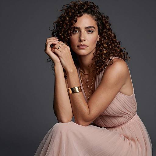 Portrait of Woman in Pale Pink Dress with Gold Jewelry