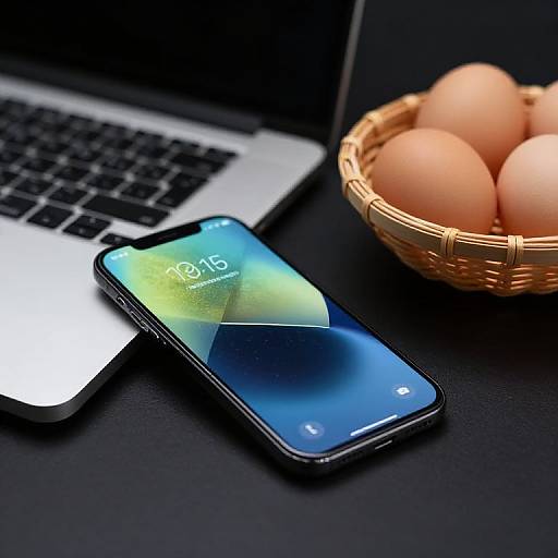Photograph of a smartphone with a blue screen resting on a laptop, beside a wicker basket with four brown eggs.