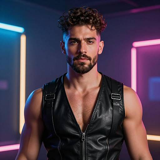 Confident Muscular Man in Neon Lights