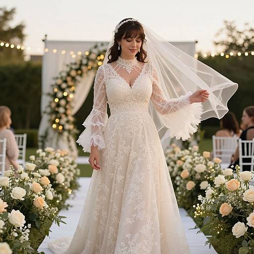Photograph of a bride in an elegant white lace wedding dress with long sleeves and veil, standing on a floral aisle at an outdoor wedding ceremony.